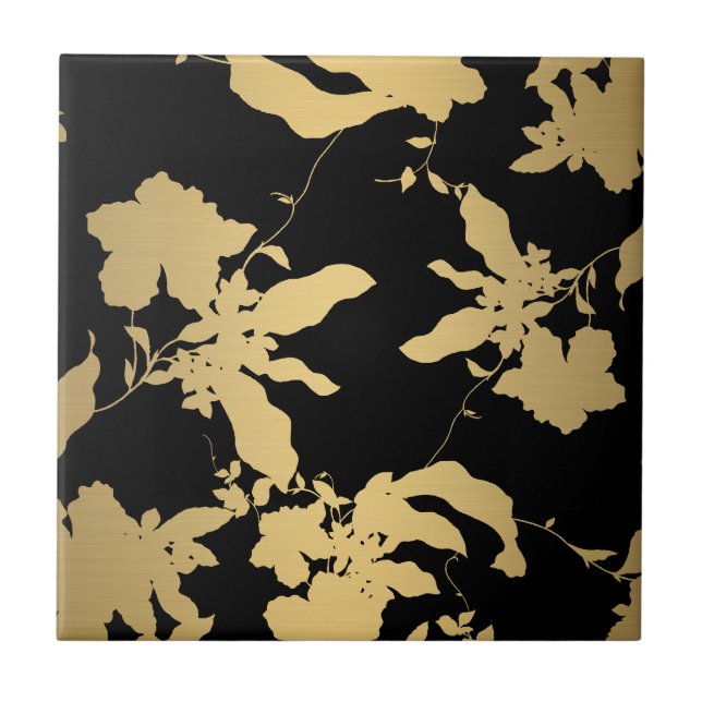 Azulejo De Cerâmica Padrão Floral Dourado Elegante Preto (Frente)