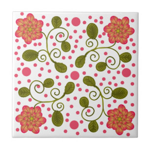 Azulejo De Cerâmica Padrão Floral e de Bolinhas Cor-de-Rosa Caprichoso