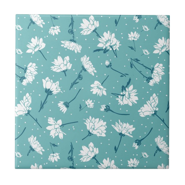 Azulejo De Cerâmica Padrão Floral Elegante - Botânica Branca e Teal (Frente)