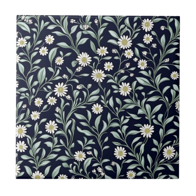 Azulejo De Cerâmica Padrão Floral Elegante Daisy em Fundo Escuro (Frente)