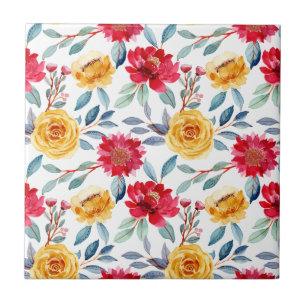 Azulejo De Cerâmica Padrão Floral em Aquarela Alegre em Rosa Amarela
