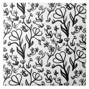 Azulejo De Cerâmica Padrão Floral em Preto e Branco