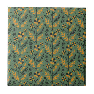 Azulejo De Cerâmica Padrão floral estilizado botânico laranja e preto