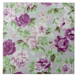 Azulejo De Cerâmica Padrão Floral Flores Roxas Folhagem Verde