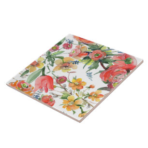 Azulejo De Cerâmica Padrão Floral Flores Silvestres Amarelo Rosa Verde