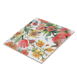 Azulejo De Cerâmica Padrão Floral Flores Silvestres Amarelo Rosa Verde