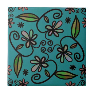 Azulejo De Cerâmica Padrão Floral Fofo Azul Turquesa