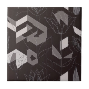 Azulejo De Cerâmica Padrão Floral Geométrico de Tulipa Bege Preto Mode