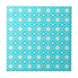 Azulejo De Cerâmica Padrão floral geométrico moderno azul-aqua branco