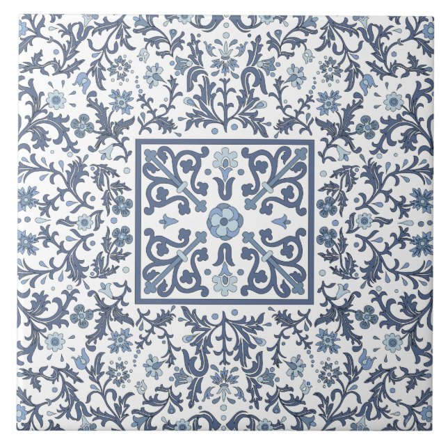 Azulejo De Cerâmica Padrão Floral Gráfico do Rico Azul (Frente)