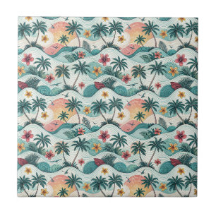Azulejo De Cerâmica Padrão Floral Havaiano de Ondas do Oceano na Praia