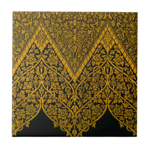 Azulejo De Cerâmica Padrão Floral Indígena Dourado e Preto Vintage