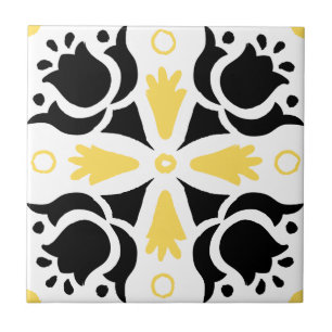 Azulejo De Cerâmica Padrão Floral Intriciado Preto e Amarelo