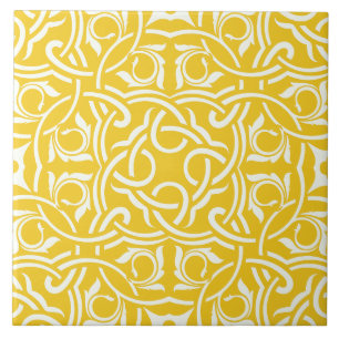 Azulejo De Cerâmica Padrão floral intrincado elegante amarelo e branco