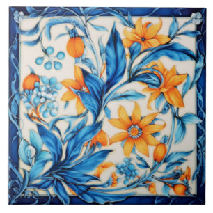 Azulejo De Cerâmica Padrão Floral - Laranja e Azul