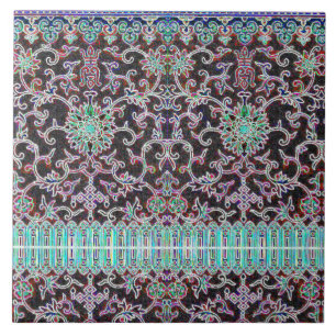 Azulejo De Cerâmica Padrão floral oriental antigo roxo azul-esverdeado