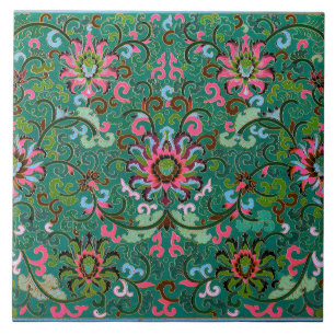 Azulejo De Cerâmica Padrão floral oriental antigo verde e rosa