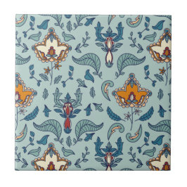 Azulejo De Cerâmica Padrão floral ornamentado em um fundo azul pálido