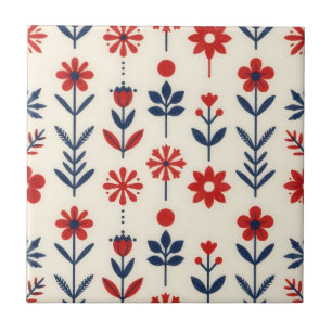 Azulejo De Cerâmica Padrão Floral Popular Vermelho e Azul Marinho