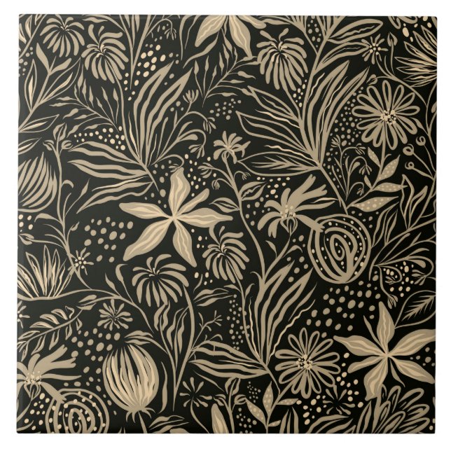 Azulejo De Cerâmica Padrão Floral Preguiçoso em Dourado a Preto  (Frente)