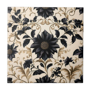 Azulejo De Cerâmica Padrão Floral Preto Elegante
