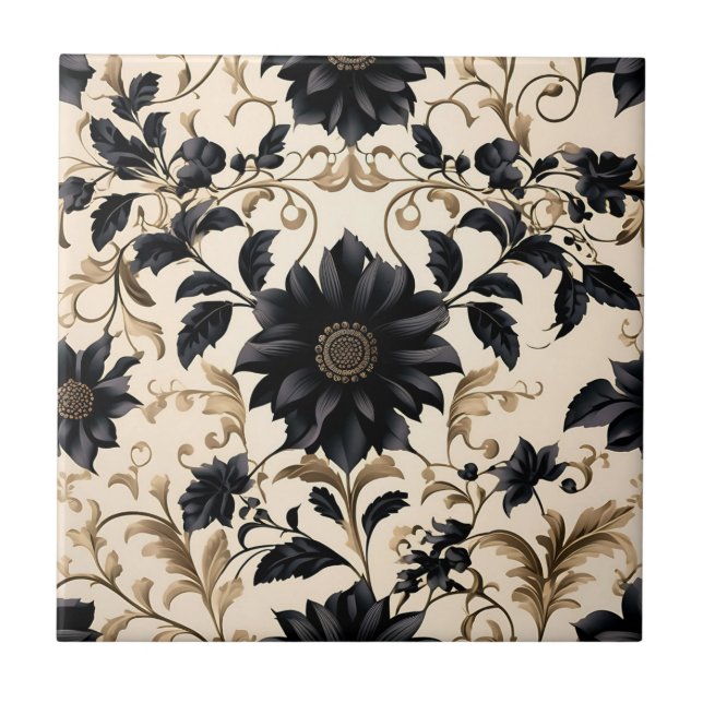 Azulejo De Cerâmica Padrão Floral Preto Elegante (Frente)