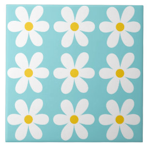 Azulejo De Cerâmica Padrão Floral Retro Daisy Azul Turquesa