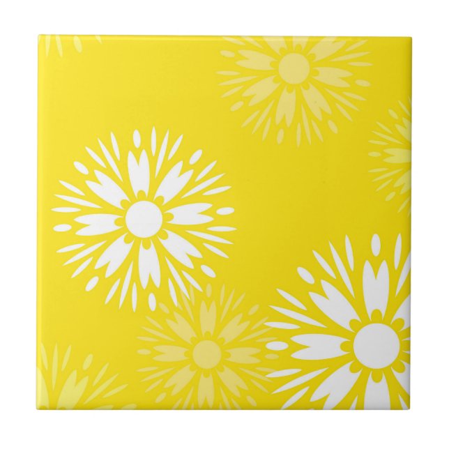 Azulejo De Cerâmica Padrão Floral Retro-Flor da Flor Amarelo-Groovy (Frente)