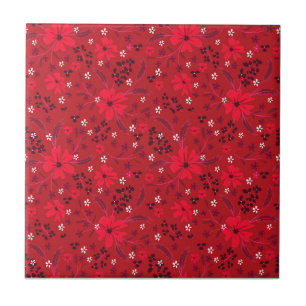 Azulejo De Cerâmica Padrão floral retro monocromático vermelho brilhan