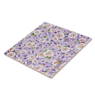 Azulejo De Cerâmica Padrão floral rico com flores roxas e rosa