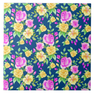 Azulejo De Cerâmica Padrão Floral Rosa Amarelo Elegante