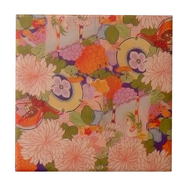 Azulejo De Cerâmica Padrão Floral Rosa de Flor Kimono (Frente)