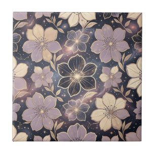 Azulejo De Cerâmica Padrão Floral Roxo Dourado Celestial Estrelas Galá