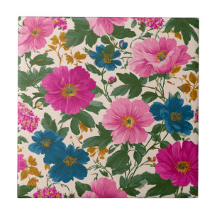 Azulejo De Cerâmica Padrão Floral Rustic Vintage Blue e Pink