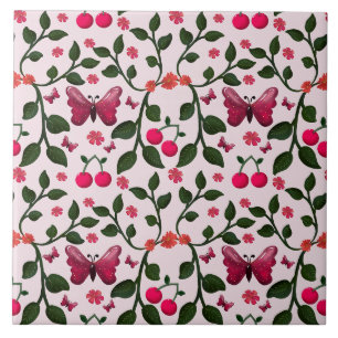 Azulejo De Cerâmica Padrão Floral Sem Costura Borboleta Cereja