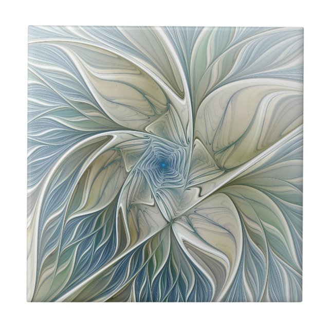 Azulejo De Cerâmica Padrão Floral Sonho Abstrato Azul Caqui Fractal (Frente)