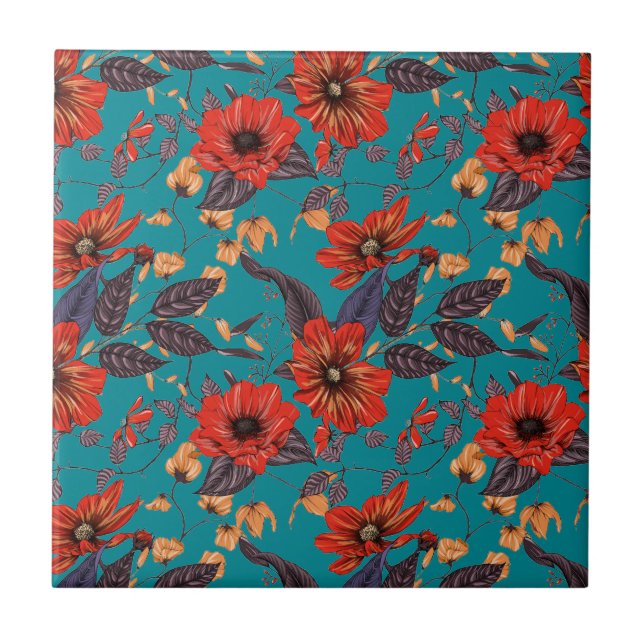 Azulejo De Cerâmica Padrão Floral Teal e Vermelho (Frente)