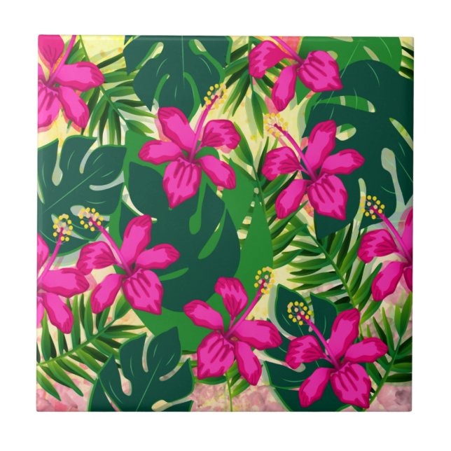Azulejo De Cerâmica Padrão Floral Tropical Havaiana (Frente)