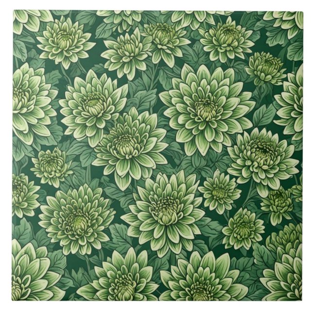 Azulejo De Cerâmica Padrão floral verde de crisântemo (Frente)