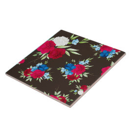 Azulejo De Cerâmica Padrão Floral Vermelho Azul Elegante em Marrom Esc