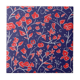 Azulejo De Cerâmica Padrão Floral Vermelho e Azul