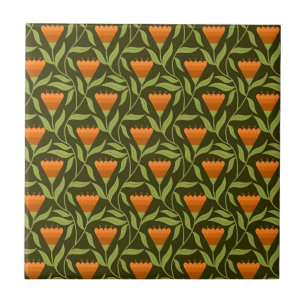 Azulejo De Cerâmica Padrão Floral Vintage com Tulipas Laranja