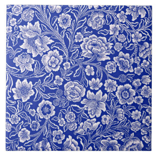 Azulejo De Cerâmica Padrão Floral Vintage em Azul Vibrante
