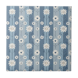 Azulejo De Cerâmica Padrão Floral Vintage Margarida com Faixa Azul