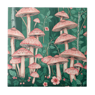 Azulejo De Cerâmica Padrão Florestal de Cogumelo Rosa Naturecore Flore