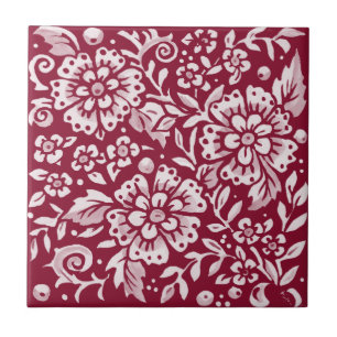 Azulejo De Cerâmica Padrão Florestal De Folha Floral Da Flor Burgundy