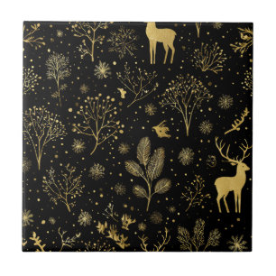 Azulejo De Cerâmica Padrão Florestal de Inverno Dourado Elegante