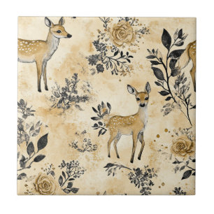 Azulejo De Cerâmica Padrão Florestal Floral e Corça Vintage (5)