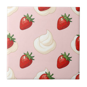 Azulejo De Cerâmica Padrão Fofo de Morango com Creme Chantilly
