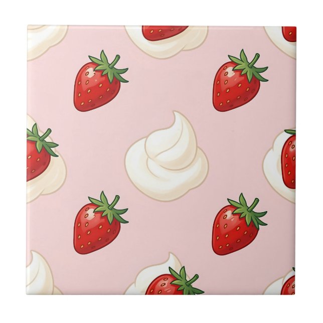 Azulejo De Cerâmica Padrão Fofo de Morango com Creme Chantilly (Frente)